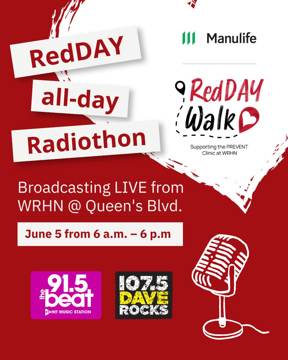 1075daverocks's tweet photo. Listen 6am-6pm on June 5th as we broadcast LIVE from WRHN @ Queen’s Blvd. in support of RedDAY Presented by Manulife ❤️

Hear inspiring stories about cardiac care &amp; heart disease in our community from patients, families, doctors, and more. 

DETAILS ➡️ https://t.co/wQq4dIxr8P https://t.co/aAWXTOsy7e