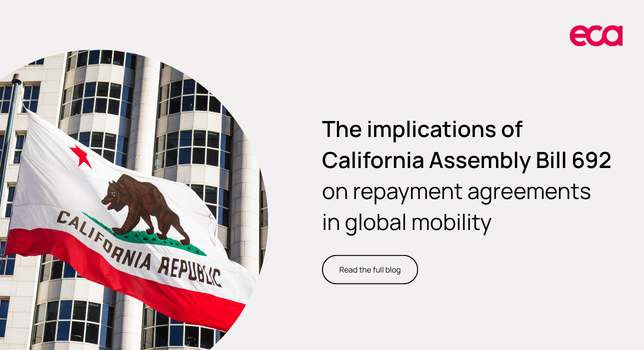 ECAintl's tweet photo. If your organisation relocates employees to or from California, there's a regulatory change you need to know about.

California Assembly Bill 692, which came into force on 1 January 2026, places new restrictions on repayment agreements in employment contracts – a mechanism many global mobility teams rely on to protect relocation investments.

For those moving employees to or from California, this raises important questions about existing assignment letters and relocation policies – and whether they remain enforceable.

We've unpacked what this means for those affected: what's prohibited, what's exempt, and the steps you should be taking now.

📍  Read the full blog here: https://t.co/d5nmPcCkqG

#GlobalMobility #Relocation #HRCompliance #CaliforniaLaw #AB692