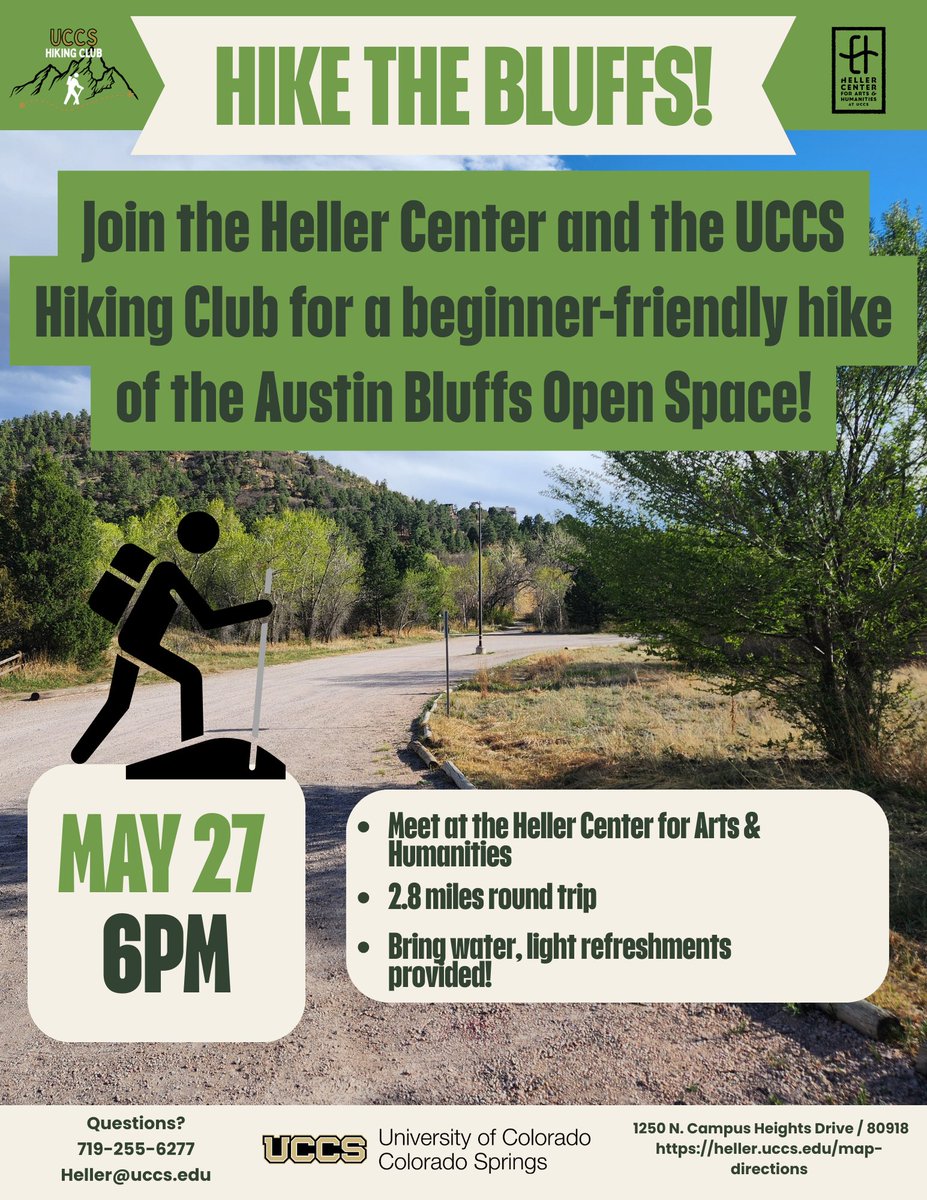 hellercenter's tweet photo. Come join use on Wednesday, May 27 at 6pm as we hike the Austin Bluffs open spaces with UCCS Hiking Club.

**Hike will be Beginner Friendly.
**2.3 miles round trip

Event is free and open to the public.
Questions? 719-255-6277
https://t.co/0e0bYyWXoS
https://t.co/2116lbL5bg https://t.co/qr1SgIpXlg