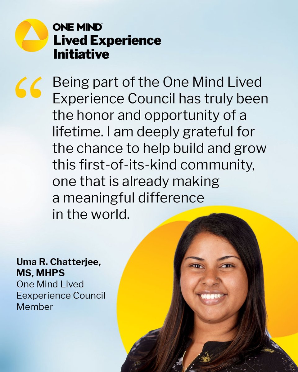 OneMindOrg's tweet photo. In 2025, Uma R. Chatterjee, an award-winning neuroscientist, science communicator, & mental health advocate, was selected to join the One Mind Lived Experience Council.

An NIH TL1 Predoctoral Fellow & PhD candidate in Neuroscience at @UWMadison, @UmaRChatterjee studies the neurobiology of OCD & novel therapeutics. Her work is deeply informed by her lived experience with OCD, PTSD, depression, & bulimia, bringing together cutting-edge research with real-world insight.

She serves as President of @OCDWisconsin, a board member of the Society for Neuroscience’s Upper Midwest Chapter (@SfNtweets), and an advocate for @IOCDF. Through global speaking engagements and her podcast A Chat with Uma, she connects science, policy, and lived experience.

Launched in 2024, the One Mind Lived Experience Initiative ensures that individuals with lived experience help shape research priorities, workplace frameworks, and innovation strategy, embedding community voice into system level change. Through these efforts, council members are inspiring leaders to foster cultures of acceptance, demonstrating that when people with lived experience are treated with respect and dignity, everyone benefits.

Learn more about our Lived Experience Initiative: https://t.co/fCsKTiuH8h

#MentalHealth #LivedExperience #Advocacy #OneMind #ShareYourStory  #MentalHealthAwarenessMonth #MHAM2026 #MentalHealthMonth