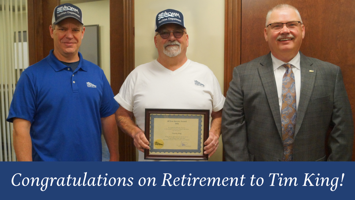 SeaCommFCU's tweet photo. After a milestone 40-year career, long-time SeaComm Facilities Specialist Tim King has announced his retirement.  King is one of SeaComm’s longest serving employees and has been an instrumental part of the upkeep and maintenance of the branches.
 “Tim had been a dedicated employee for 40 years, and during that time, he was constantly focused on ensuring that our building and grounds were kept up to meet company standards, said President and Chief Executive Officer Scott A. Wilson.  “He took pride in every task he undertook, each and every day.  I wish Tim all the best in his well-deserved retirement years.” 
 King started with SeaComm in 1986 as a Courier and eventually became the Facilities Specialist, working hard behind the scenes and taking great pride in the appearance of all nine branch locations.
 “Retirement is bittersweet for me because I’m letting go of something that’s been a big part of my life,” said King.  “My 40 years at SeaComm must have been okay because it makes me emotional when I think about retiring.  SeaComm’s been good to me and I appreciate that.  Looking ahead, I have no major plans other than to relax and enjoy life.”