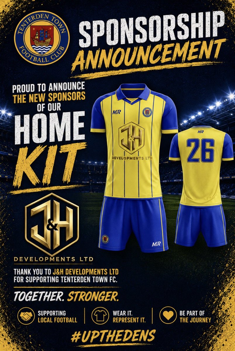 TenterdenTownFC's tweet photo. Introducing.. new first team home kit sponsor.. 

J&amp;H Developments Ltd 🤝

A massive thanks to J&amp;H Developments for their trust in what we are trying to achieve as a club moving forward! 

Below is their Instagram page, please give it a follow 👇🏼

https://t.co/y5w1bUvUKN https://t.co/bHsr8WrDnb