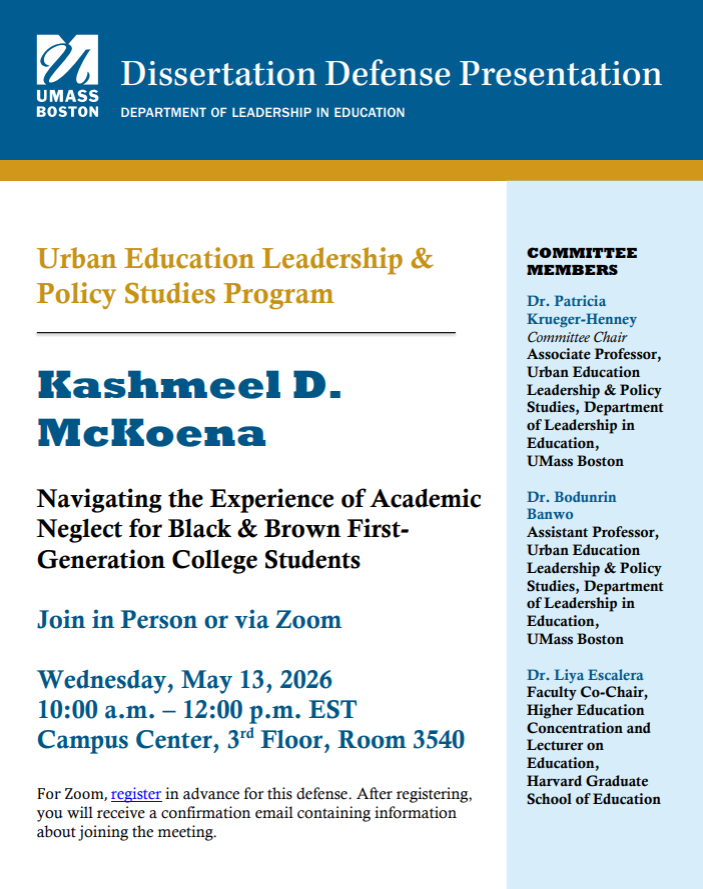 UMBUrbanEd's tweet photo. Today we celebrate another UELPS student, Kashmeel McKoena, who successfully defended his dissertation, chaired by UELPS' Dr. Patricia Krueger-Henney, with UELPS' Dr. Bodunrin Banwo and Dr. Liya Escalera (HGSE) as members. Congratulations Dr. McKoena! https://t.co/APTMhXX30N