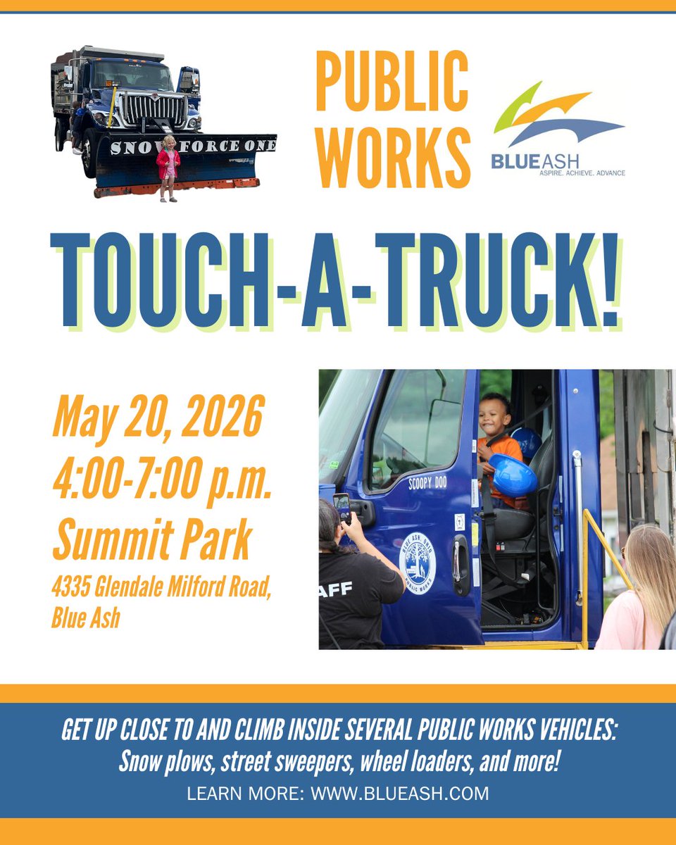 summitblueash's tweet photo. 🚜 Touch-A-Truck rolls into Summit Park on May 20 from 4–7 PM!

Get up close with big trucks and equipment from the Blue Ash Public Works Department. Perfect for kids who love construction vehicles and hands-on fun.

Learn more: https://t.co/5H1DBsKy8T https://t.co/USbB2jd41r