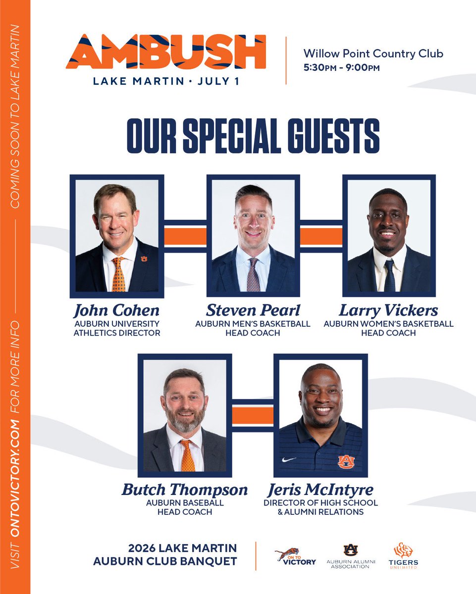 AuburnTigers's tweet photo. AMBUSH 𝐋𝐚𝐤𝐞 𝐌𝐚𝐫𝐭𝐢𝐧 tickets are on sale NOW❕

Don’t miss this chance to hear from and connect with Auburn coaches and staff alongside the Auburn Family 🦅

🎟️ https://t.co/JXqGgl4Hrv

#WarEagle https://t.co/jrjIqeY6oV
