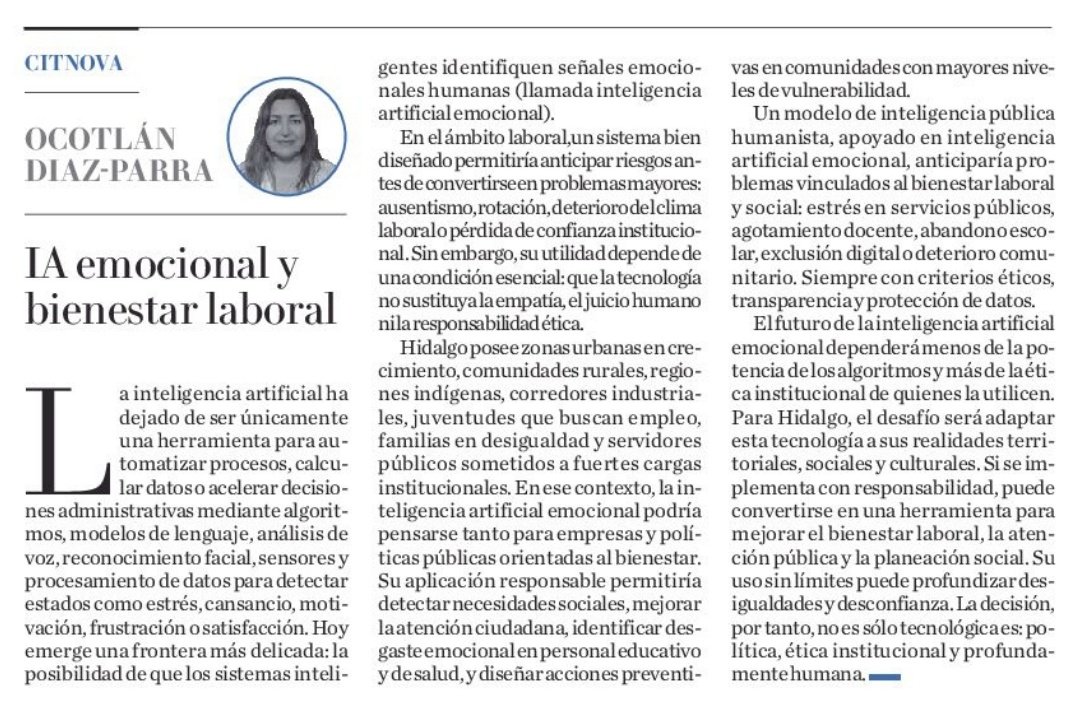 CITNOVA's tweet photo. #EspacioCITNOVA 
📄📰
🔵 IA emocional y bienestar laboral.
📝Autor: Dra. Ocotlán Diaz Parra, PTC en la @UPPachuca
Versión digital 📲 https://t.co/RGWRhh7zGr
Vía: @MilenioHidalgo https://t.co/mqgGvTqdbD