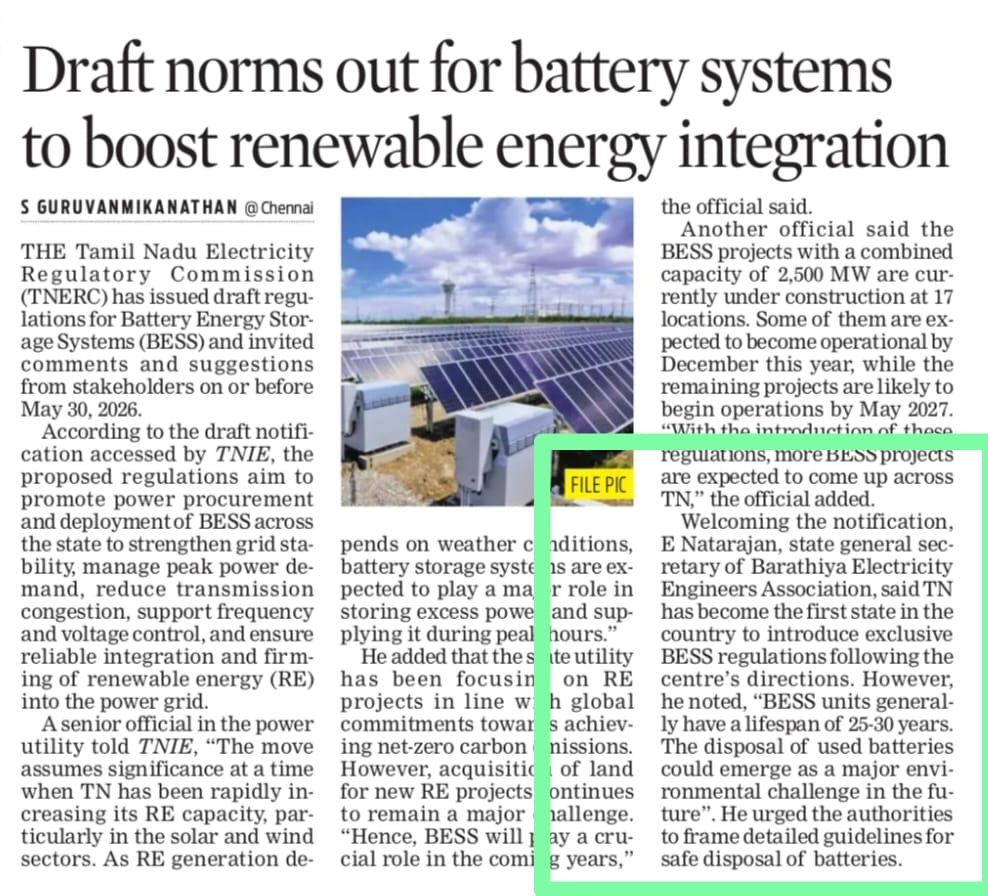 NatarajanGSBEEA's tweet photo. Glad to see my views featured in today’s The New Indian Express on TNERC’s draft regulations for Battery Energy Storage Systems (BESS). https://t.co/A9t2ElCDBb