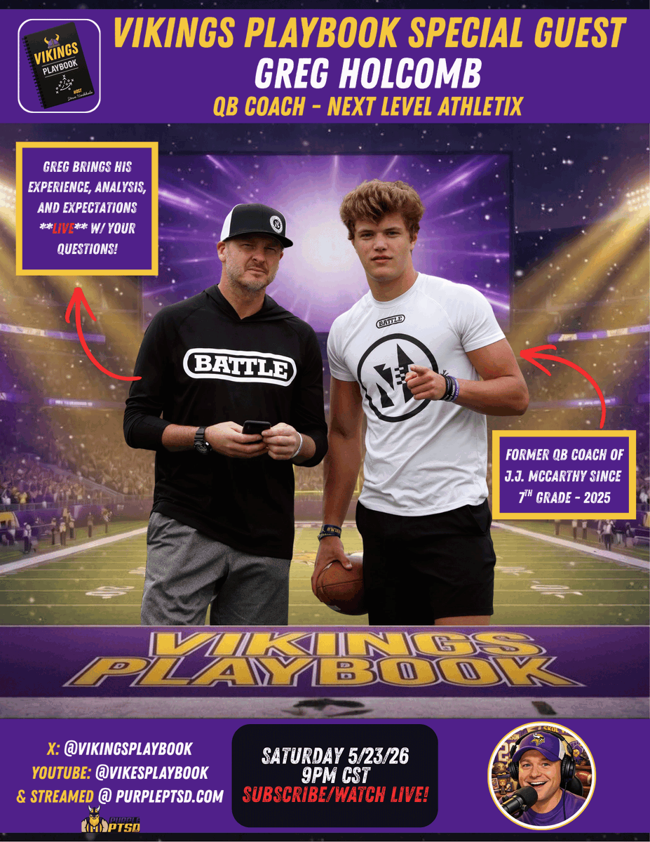 VikingsPlaybook's tweet photo. 🚨Vikings Playbook Special Guest @QBCoachHolc   

J.J. McCarthy's Former QB Coach since 7th Grade🤯 

When: Saturday, May 23rd @ 9PM CST 
Where: YouTube: https://t.co/XUYdP8rCrh

🏈25' McCarthy Analysis
🏈Mechanics vs. Playbook
🏈Expectations of Growth in 2026  
#Vikings #SKOL https://t.co/1GSz0nFMQL
