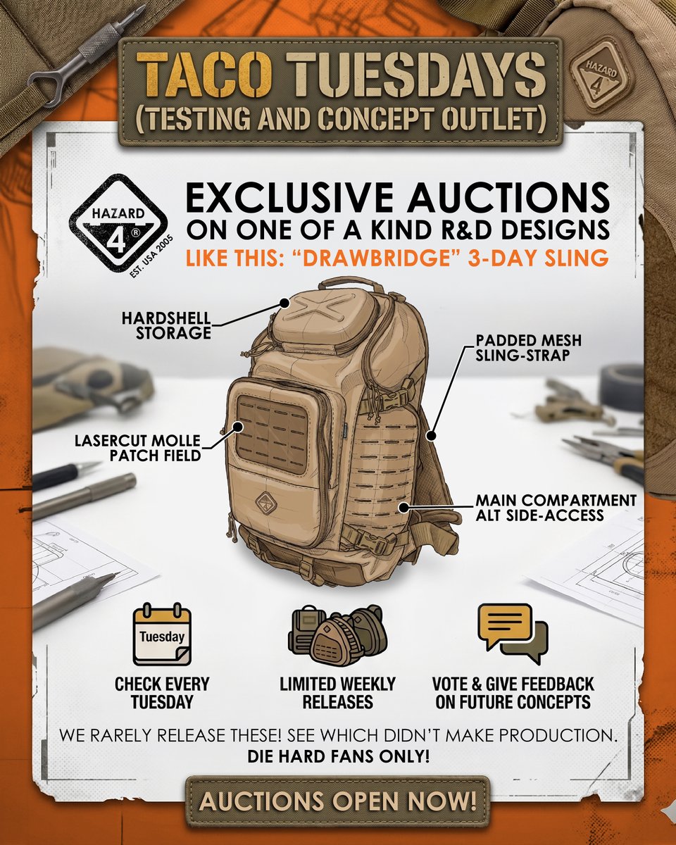 hazard4's tweet photo. TACO Tuesday | Test and Concept Outlet – Auction Round 2 OPEN NOW 📷 https://t.co/CsdpcGMqI7

#EDC #GearDrop #Hazard4 https://t.co/xhsHug2pTJ
