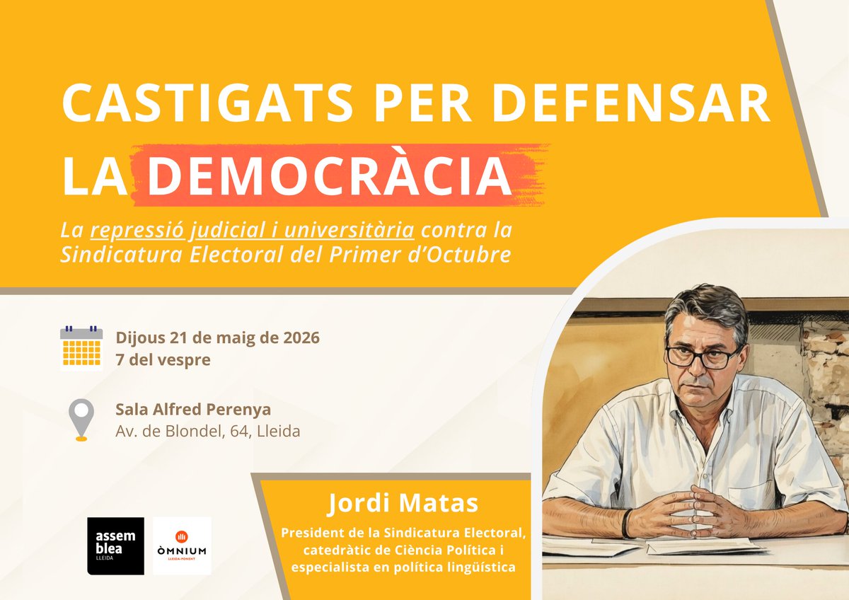 ANCLleidaSegria's tweet photo. ⬛️⬜️ Castigats per defensar la democràcia.

La repressió judicial i universitària contra la Sindicatura Electoral de l’1-O, amb @JMatasD.

🗓️ Aquest dijous, a les 19 h
📍 Sala Alfred Perenya de Lleida

Si defensar votar té conseqüències, tenim un problema greu. https://t.co/cTwoKwuf3d