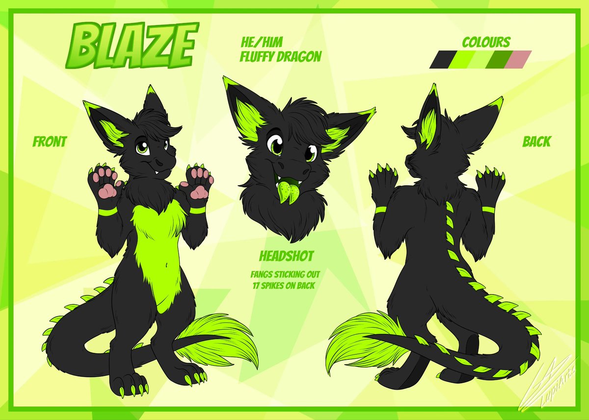 ArtsLupi's tweet photo. "Blaze's Ref Sheet" - I had the honour and pleasure to work on @Blackpoint187 's new Ref Sheet^^ Thank you so much for everything, buddy! Such a cute fluffy derg! 💚💜

#art #digitalart #furryart #originalcharacter https://t.co/l5p5xzkskg