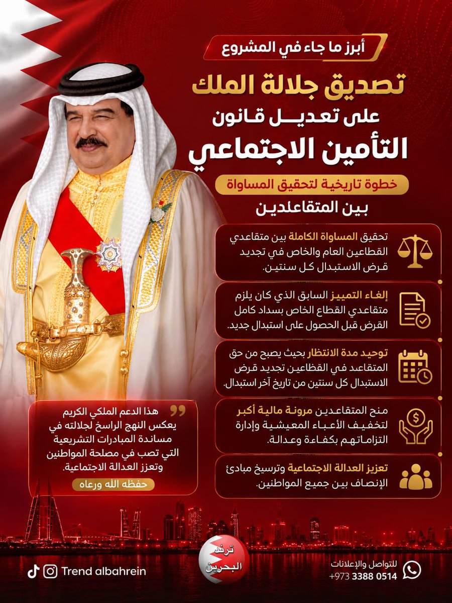 BasmaMubarak5's tweet photo. نتقدم بخالص الشكر والتقدير إلى حضرة صاحب الجلالة الملك المعظم حفظه الله، على تصديقه اليوم لمشروعنا مشروع قانون مساواة متقاعدي القطاعين العام والخاص في تجديد قرض الاستبدال كل سنتين، بما يعزز العدالة الاجتماعية ويمنح المتقاعدين مرونة أكبر في مواجهة الأعباء المعيشية.

#البحرين #باسمة_مبارك #السلطة_التشريعية #التأمين_الاجتماعي #المتقاعدين