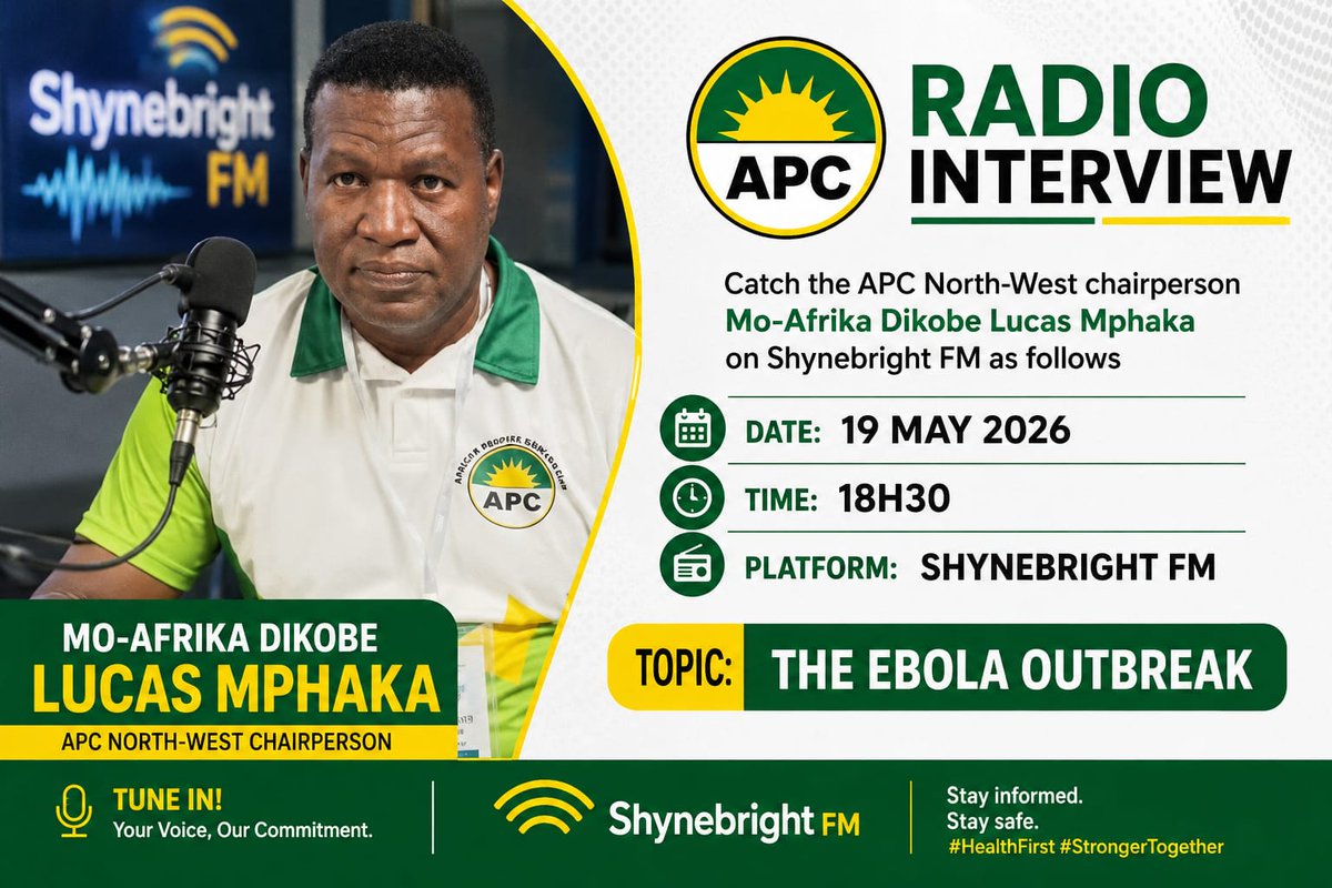 FMbhandze's tweet photo. @ThembaGodi_ @APC_Live @mambanepw @sonwabilen72 @ErnestHlathi @FMbhandze @SydneyMahala1 

SHYNEBRIGHT FM  : APC NORTH-WEST CHAIRPERSON 

*Catch the APC North-West chairperson Mo-Afrika Lucas Dikobe Mphaka at Shynebright FM on Ebola outbreak threat today at 18H30.
*VOTE APC https://t.co/hWSx7B7BJX