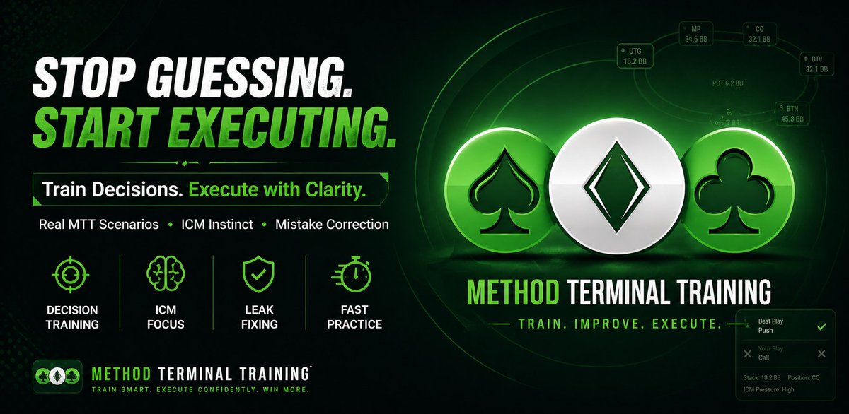 DunphyDun33329's tweet photo. Trying to improve at tournament poker but still feel lost ?

Method Terminal helps you train real MTT decisions with instant feedback and clear explanations.

Find your leaks.
Fix mistakes.
Repeat spots until the right play starts feeling natural.

Free full access until May 31st.

https://t.co/hDsCutaROl