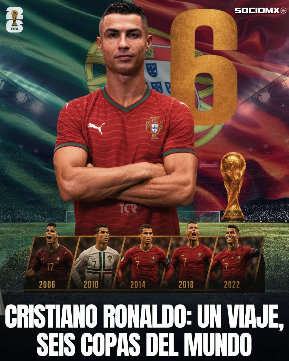Socio_MX's tweet photo. Portugal ya tiene lista para el Mundial 2026 🇵🇹🏆

Cristiano Ronaldo lidera la convocatoria y confirma su presencia en su sexta Copa del Mundo 🤯

Un recorrido que parece no terminar para el Bicho 👑:
2006 ➡️ 2010 ➡️ 2014 ➡️ 2018 ➡️ 2022 ➡️ 2026
¿Será esta la definitiva? 👀🏆 https://t.co/Dpw0z9Xe7H