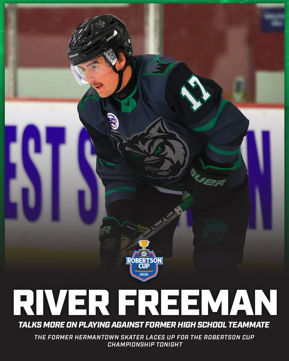 NAHLHockey's tweet photo. River Freeman catches up ahead of tonight’s matchup and talks more on playing against his former teammate, Will Esterbrooks.

#RoadtotheRobby | #RobertsonCup https://t.co/RJD4oo6t31