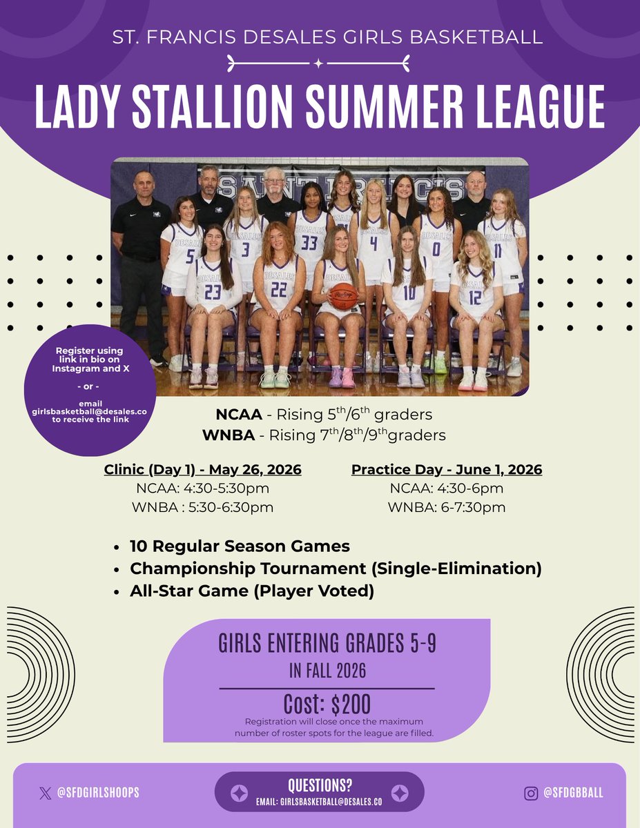 SFDGirlsHoops's tweet photo. Lady Stallion Summer League starts next Tuesday at St. Francis Desales High School! Great opportunity for girls to compete, improve, and have fun this summer. 

Registration is open until all spots are filled: https://t.co/MPsb0ePKJL

Sign up and share! https://t.co/2uDdfQxXZZ
