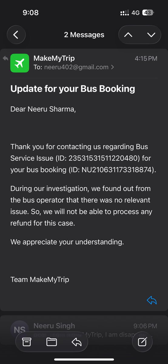 Neeru402Neeru's tweet photo. Booked a @NuegoBus from Delhi to Chandigarh via @MakeMyTrip.

Bus scheduled at 12:35 AM. Departed at 1:34 AM. No updates, no support, rude conductor behavior, and even promised water amenities were missing. https://t.co/DNh7hd6hLd