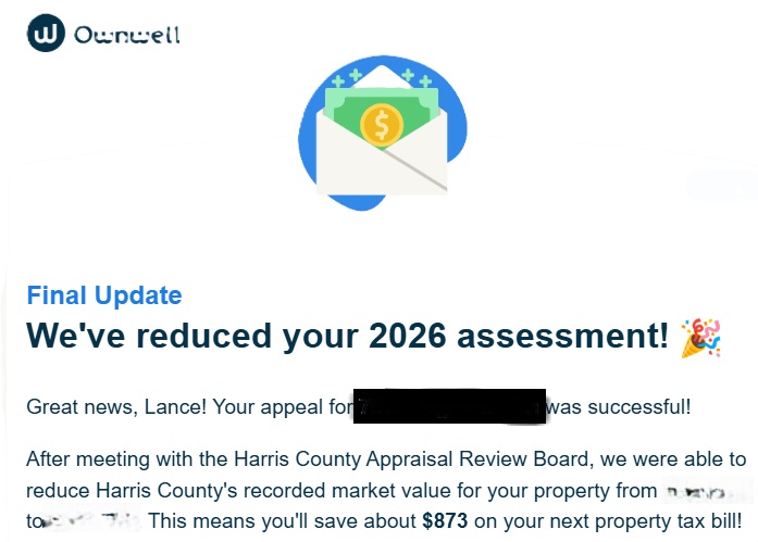 LanceZierlein's tweet photo. When I recommended Ownwell for property taxes because they get wins, I was not joking around.  It's real. Just got this year's victory. Thank you @OwnwellOfficial https://t.co/ePwaR3Fs4u