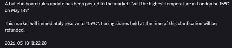 Hans323's tweet photo. @williamlegate @Emotion_web3 May 18 got clarified to the wrong temperature, the clarification states 15C while the actually highest temperature was 16C, will this get fixed before the market comes back online? https://t.co/e3cdl0CSIn