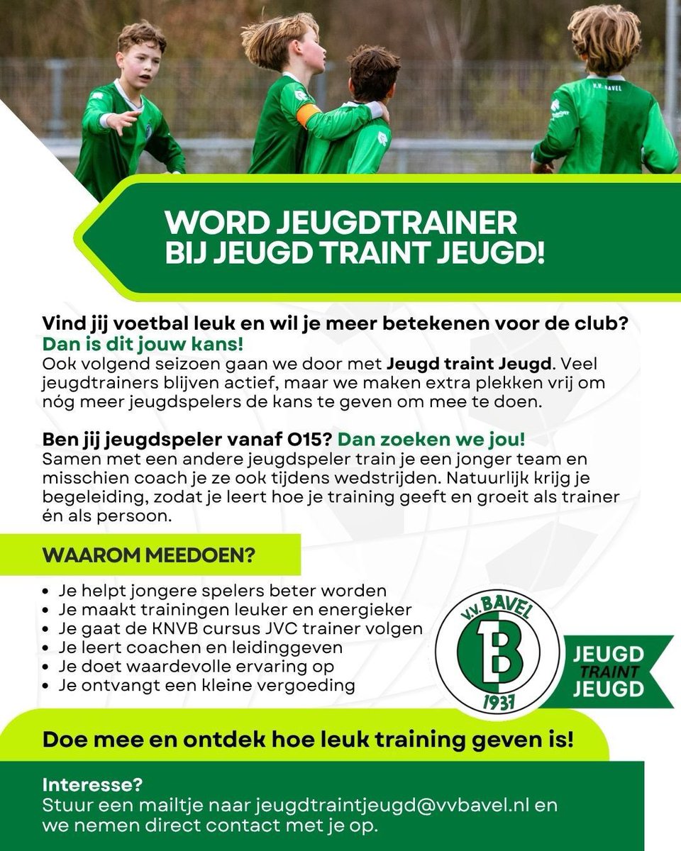vvBavel's tweet photo. 𝗝𝗲𝘂𝗴𝗱 𝘁𝗿𝗮𝗶𝗻𝘁 𝗷𝗲𝘂𝗴𝗱! 💚

Vind je het leuk om training te geven? Wil je de club helpen? En wil je iets bijleren? 😁

➡️ Meld je aan via jeugdtraintjeugd@vvbavel.nl 

#amateurvoetbal #vvbavel #samenmakenwedeclub https://t.co/6daWwUvXfO