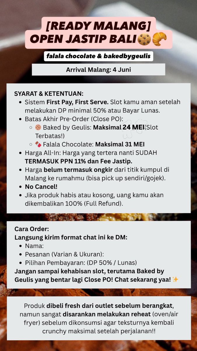 digideesse's tweet photo. open jastip bali malang baked by geulis
- sampai malang tanggal 4 juni
- harga udah termasuk fee
- close po tanggal 24 mei yaa
- chat ke https://t.co/oIXWFZdL1S

#zonauang #zonajajan #jastipbali #dubaichewycookie https://t.co/45i3xo3zf8