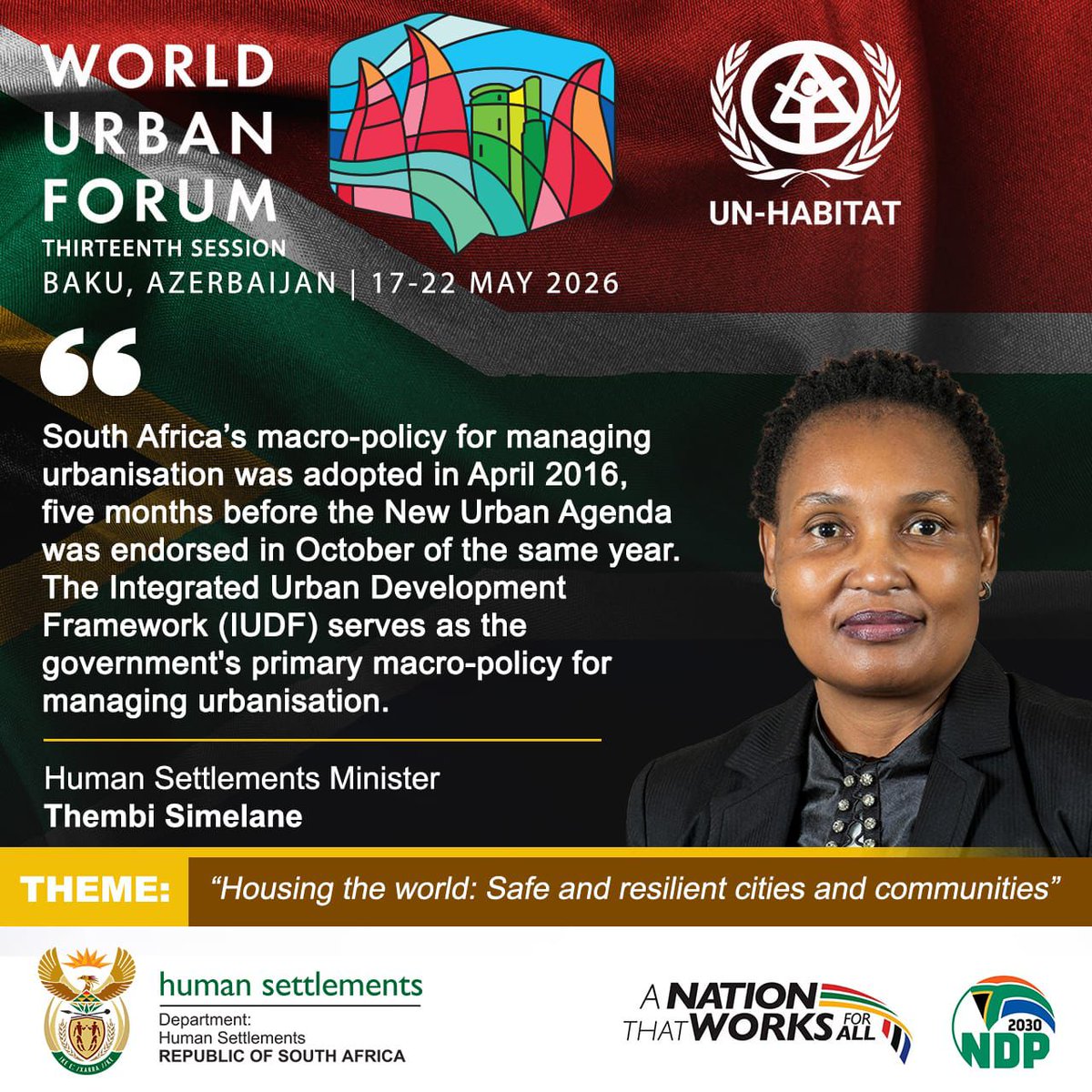 GovernmentZA's tweet photo. #DIDYOUKNOW? South Africaโs Integrated Urban Development Framework serves as governmentโs primary macro-policy for managing urbanisation and supporting safe, resilient cities and communities.
#HumanSettlements #WUF13 #GovZAUpdates | https://t.co/rmJiwF4MEb