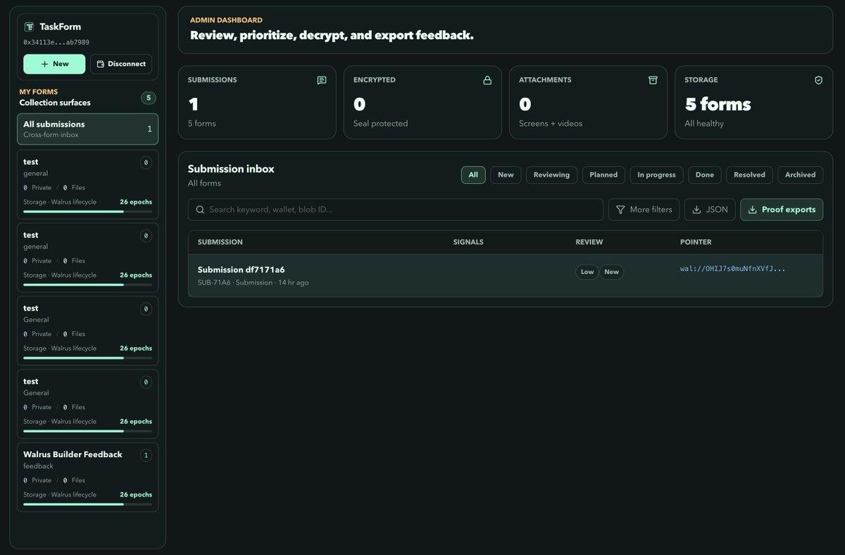 LongPh8's tweet photo. TaskForm turns forms into verifiable Web3 feedback workflows.
Built on @SuiNetwork , @WalrusProtocol , 
@walgo_xyz and SEAL:
- Walrus stores form schemas/submissions
- Seal encrypts sensitive fields
- Sui records ownership, status, proofs, and audit trail
#Sui #Walrus #BuildOnSui https://t.co/7cjg84sO5f