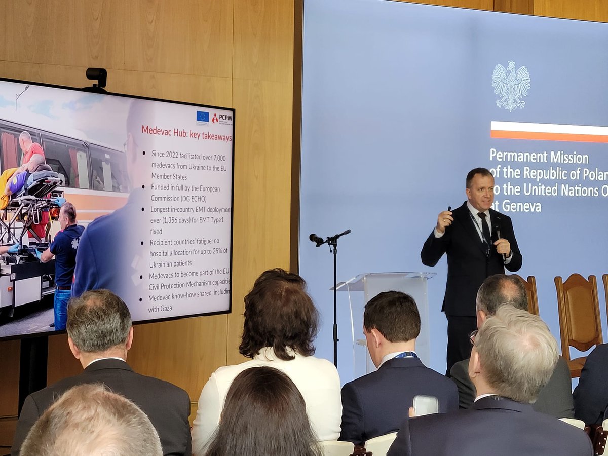 WojtekWilkPCPM's tweet photo. It was a pleasure to participate in the World Health Assembly @WHO side event on medical evacuations from #Ukraine, co-organized by 🇵🇱🇺🇦🇪🇪, and present the work of the Medevac Hub Jasionka, funded in full by @eu_echo and operated since 2022 by @FundacjaPCPM Emergency Medical Team https://t.co/YMllMSycJz