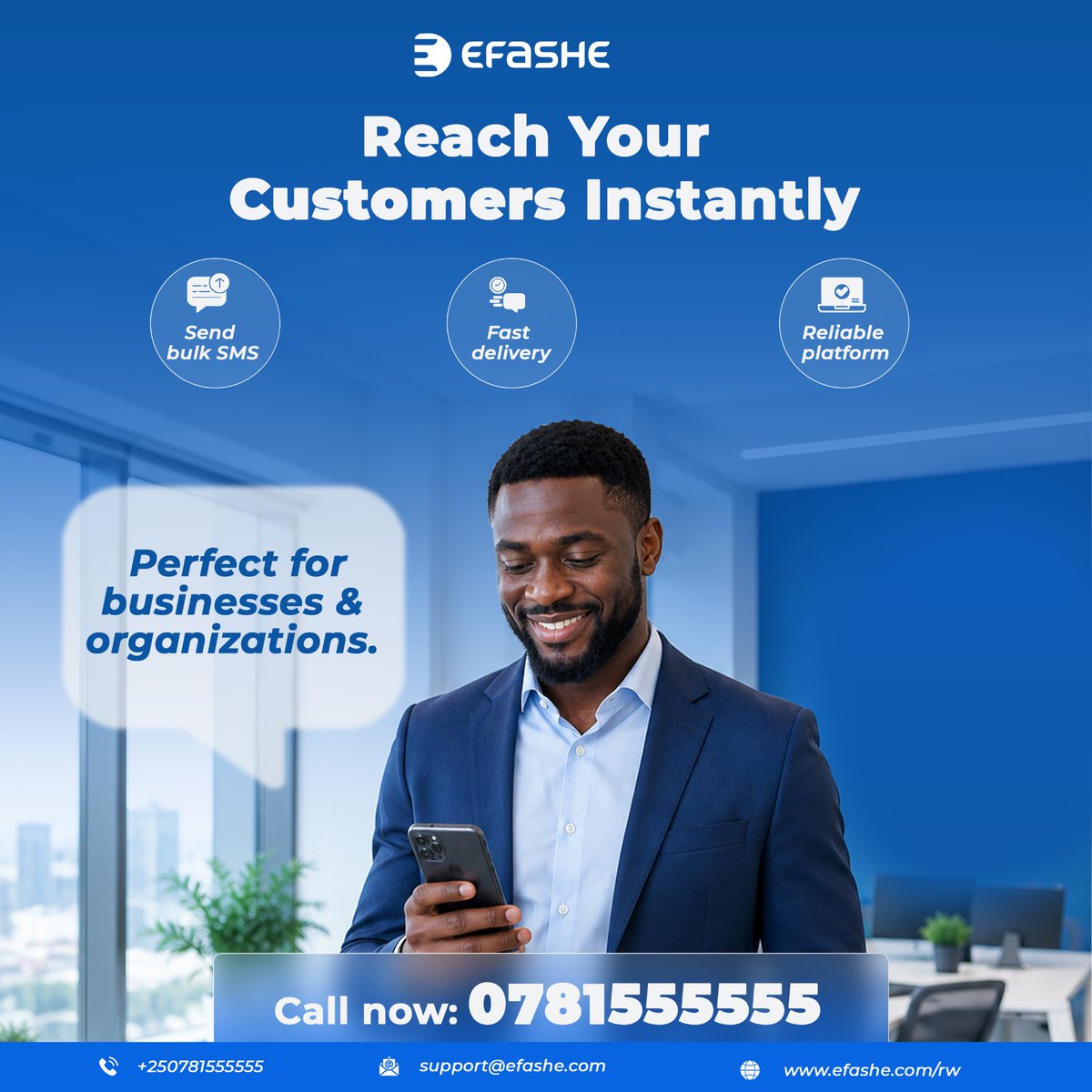 efasherw's tweet photo. Reach every customer in seconds with Efashe Bulk sms. 

For additional information you can contact us on 0781-555-555 or text us on support@efashe.com. 

#fypシ゚viralシfypシ゚ #trendingpost #virałpost #bulksms #businesssupport #Efasherwanda #Kigali #Rwanda https://t.co/bg5UCBM7Qc