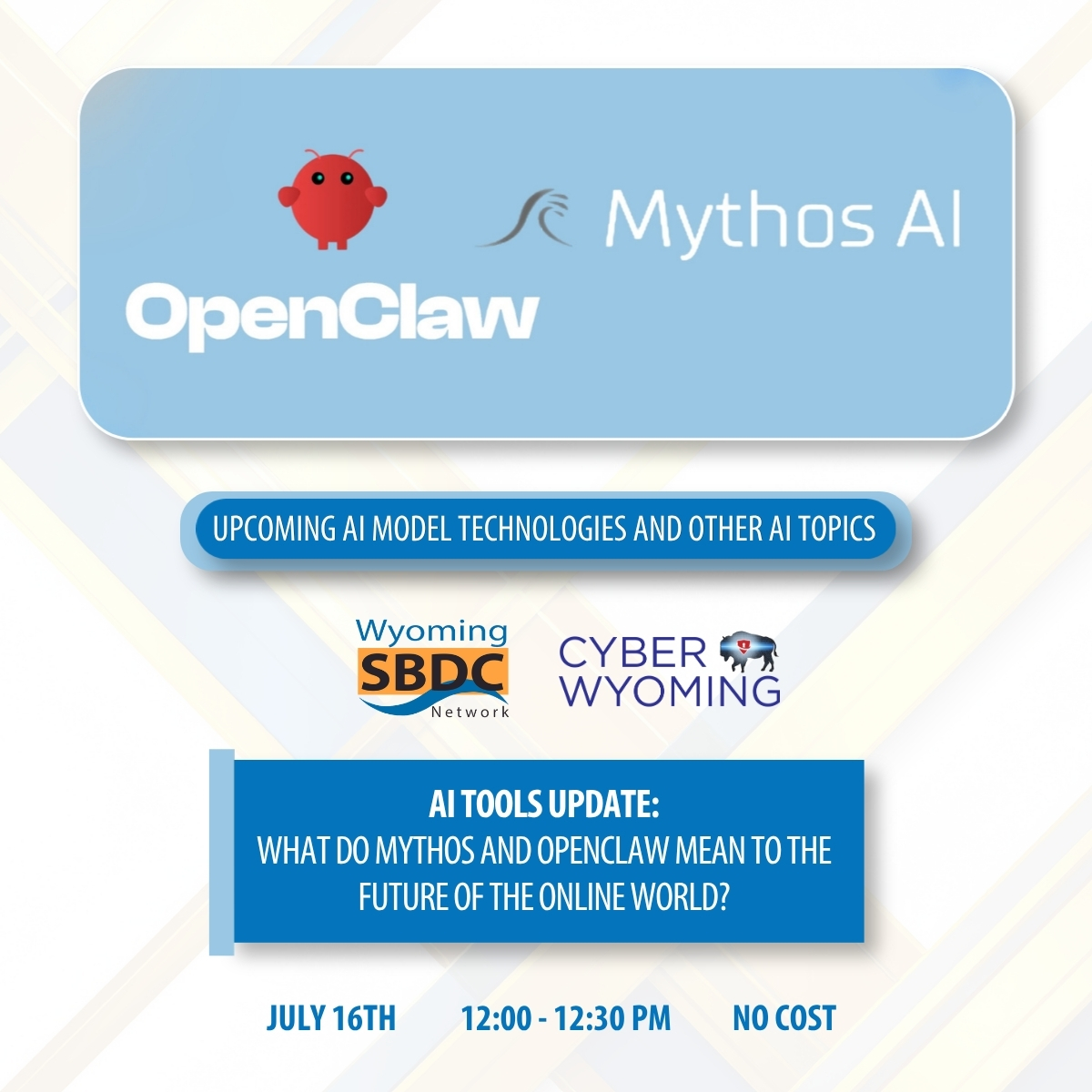 wysbdc's tweet photo. Are you and your business ready for the next wave of AI? Join us on July 16th to explore the security realities of Anthropic’s  Mythos model and autonomous assistants like OpenClaw. https://t.co/9bdnKBM9H2 #cybersecurity #ai #smallbusinesses https://t.co/N1jlYqvRBf