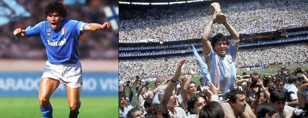 E0_DS0_Omega's tweet photo. diego maradona passed away on november 25, 2020. within 48 hours, 100,000 people had walked past his coffin at the casa rosada. across the atlantic, naples mourned a man who had not played for them since 1991. the city decided he was theirs forever in 1987.

the year before that decision, napoli had spent 52 straight years in serie a without ever lifting it. they were a port-city joke. then a 23-year-old from a buenos aires slum walked into stadio san paolo wearing the number 10. naples had paid £6.9 million for him. it was a world record. it was also a city of fishmongers and dockworkers buying a savior on credit.

he delivered. two serie a titles. a coppa italia. a uefa cup. murals went up on the buildings. the name diego became one of the most common in the city that decade. residents started treating him like a second patron of naples. fans built a shrine around a single strand of his hair.

before any of that came the dirt floor in villa fiorito. fifth of eight. no electricity until age ten. his uncle brought home a leather football when he was three. he never let go.

four minutes inside the 1986 quarterfinal he scored two goals against england. one with his hand. the other dribbling through six englishmen across sixty meters of grass. fifa later voted the second one the greatest goal in world cup history.

then came the fall. a 15-month suspension in 1991. a 1994 world cup ban for a doping violation. a body and a career bent by what fame demanded of him. the napoli shirt he had not worn in three decades hung in stadium windows the day of his funeral anyway.

ronaldo, messi, pelé, maradona. only one of them carried a slum to a continent. only one of them ever made an entire port city move like a single fan. pick your goat. defend it.