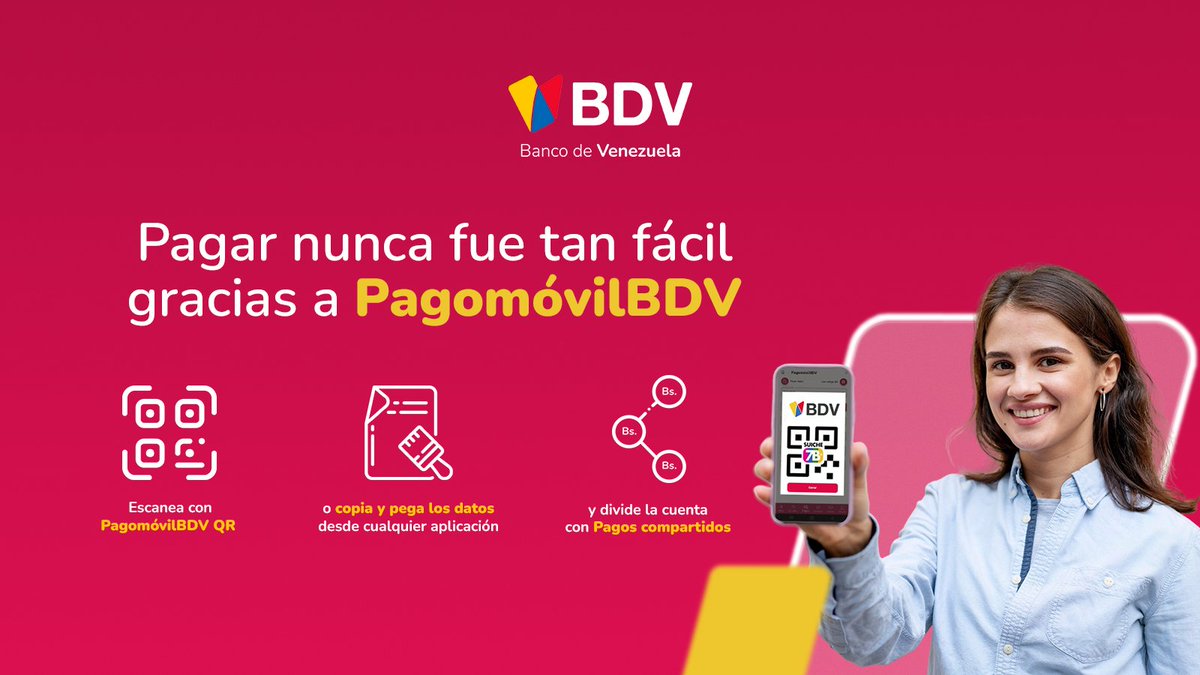 BcodeVenezuela's tweet photo. Con PagomóvilBDV, tus pagos son más rápidos y al instante ⚡️

Tú eliges cómo hacer tu PagomóvilBDV 🤳

Descarga BDVApp y lleva el Banco en tus manos 📲 https://t.co/XlEdbhr7V4