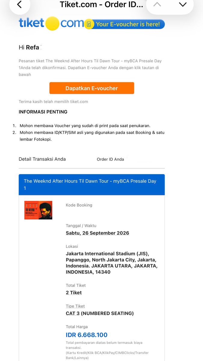 Refard's tweet photo. WTS 2 tix CAT 3 the weeknd day 1, harga normal web, bisa cod langsung kasih e-ticket + surat kuasa. 
#theweeknd #wtstheweeknd #theweekndcat3 https://t.co/K1zoPx0HfN