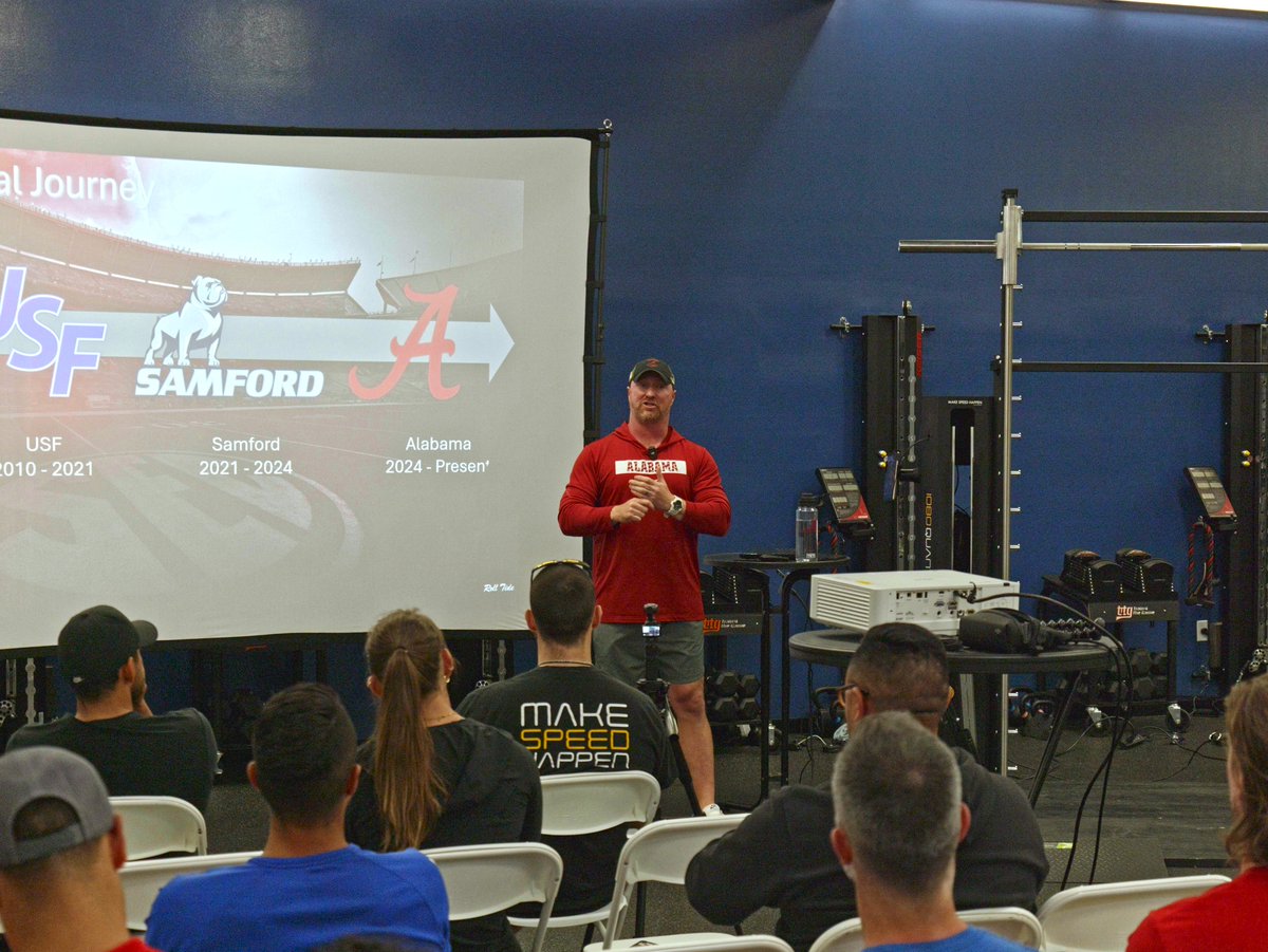 1080motion's tweet photo. The 4 presentations from Saturday

-Todd Tuetken of the New York Mets on vertical integration for speed development across an entire organization
-Jan Seiler on what eccentric training actually does and creative applications
-Ben Prentiss on developing the "inside leg"
-Zach Mathers on Alabama Football Sport Science
