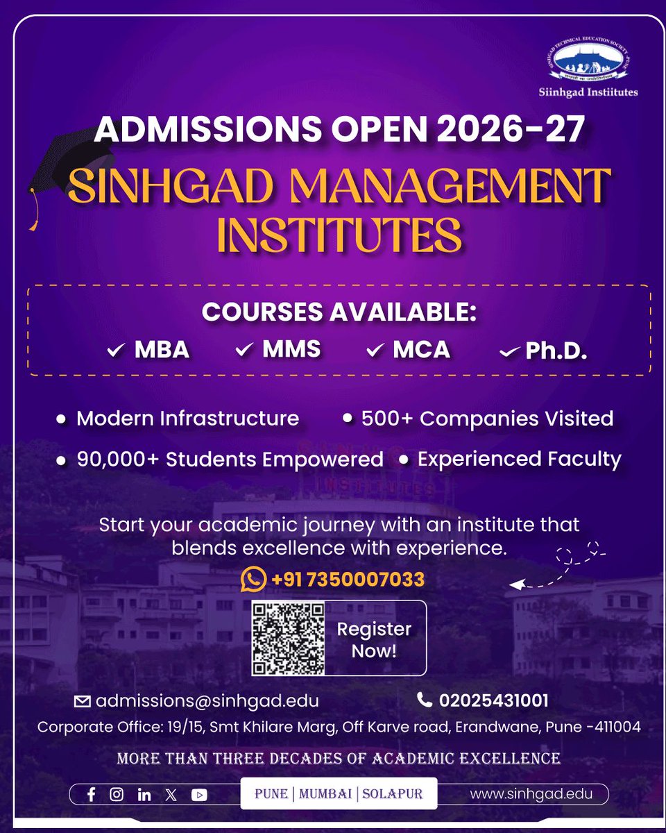 Skncoe_CompDept's tweet photo. Admissions Open 2026-27 at Sinhgad Management Institutes 🚀

MBA | MMS | MCA | Ph.D. - Your journey towards leadership starts here.

📞 Contact: 02025431001
🌐 Visit: https://t.co/ltYD3RLzcA
.
.
.
#siinhgadinstiitutes #academicexcellence #managementinstitutes #collegesinpune https://t.co/OGiAoVACWs