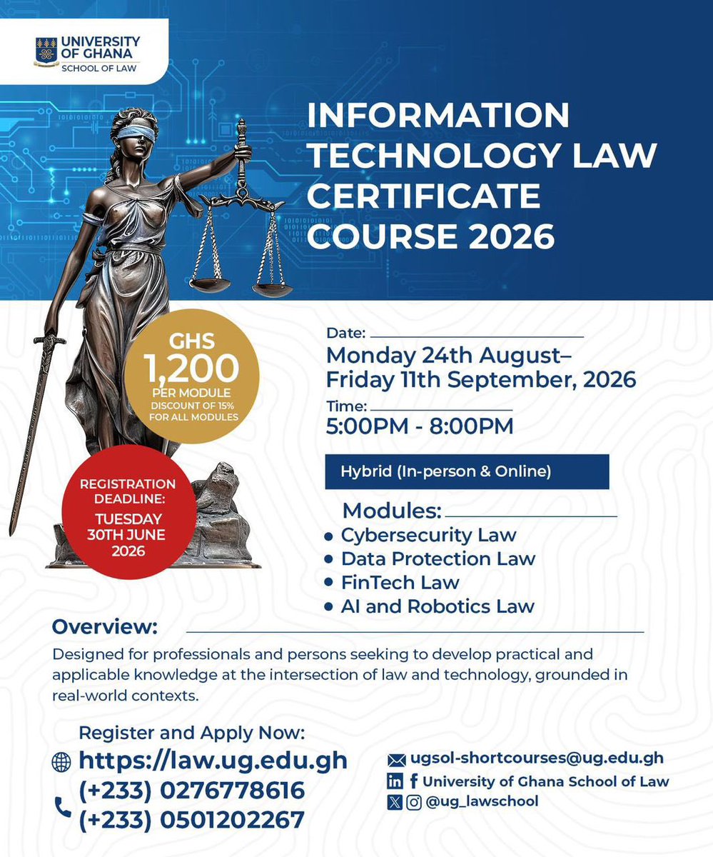 UG_SchoolOfLaw's tweet photo. UGSoL invites applications for its 2026 Certificate Course in Information Technology Law.
Applications are officially open for our Master of Laws (LLM) and Master of Arts (MA) in IT Law programme!
đ Apply: https://t.co/CVnJHrnzlY
#UGSoL #TechnologyLaw #CybersecurityLaw https://t.co/nWg7ZzS7XR