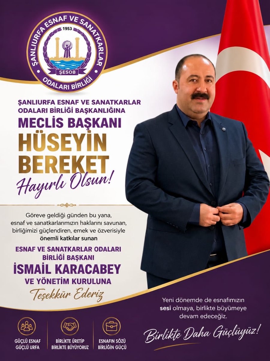 urfa_esob's tweet photo. Şanlıurfa Esnaf ve Sanatkârlar Odaları Birliği Yönetim Kurulumuz bugün, İsmail Karacabey başkanlığında toplanarak birliğimizin geleceğine yönelik önemli kararlar almıştır.

Alınan karar kapsamında;

. ESNAF MECLİS BAŞKANI 

Hüseyin BEREKET atanmıştır.

Alınan bu karar öncelikle birliğimize, esnaf ve sanatkâr camiamıza hayırlı olmasını temenni ediyoruz. Yönetim kurulumuzla birlikte esnafımızın yanında olmaya, sorunlarına çözüm üretmeye ve Şanlıurfa’mızın ticari hayatına katkı sunmaya var gücümüzle çalışmaya devam edeceğiz.
