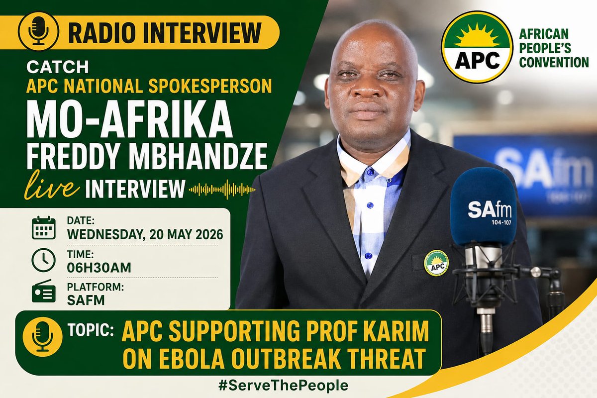 FMbhandze's tweet photo. @ThembaGodi_ @SAfmRadio @sonwabilen72 @FMbhandze @biggg5xe @mambanepw @SydneyMahala1 @tikoaxietleli @APC_Live @ManziniTiyisani 
SAFM :APC NATIONAL SPOKESPERSON

*Catch the APC National spokesperson Mo-Afrika Freddy Mbhandze @ SAFM on Ebola outbreak threat tomorrow morning @ 06H30 https://t.co/FsH5ioYfho