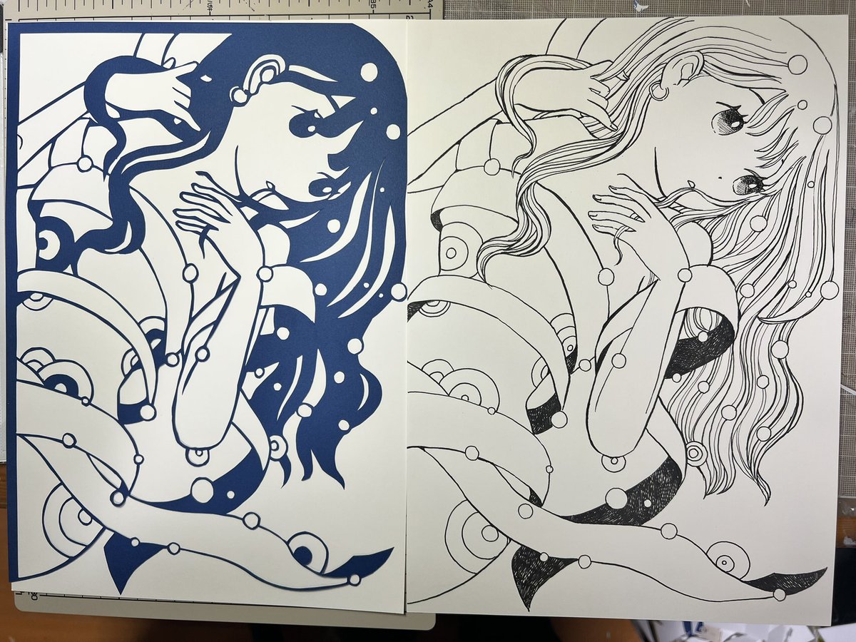 本日の切り絵
同じ下書きからカッティングとドローイング 