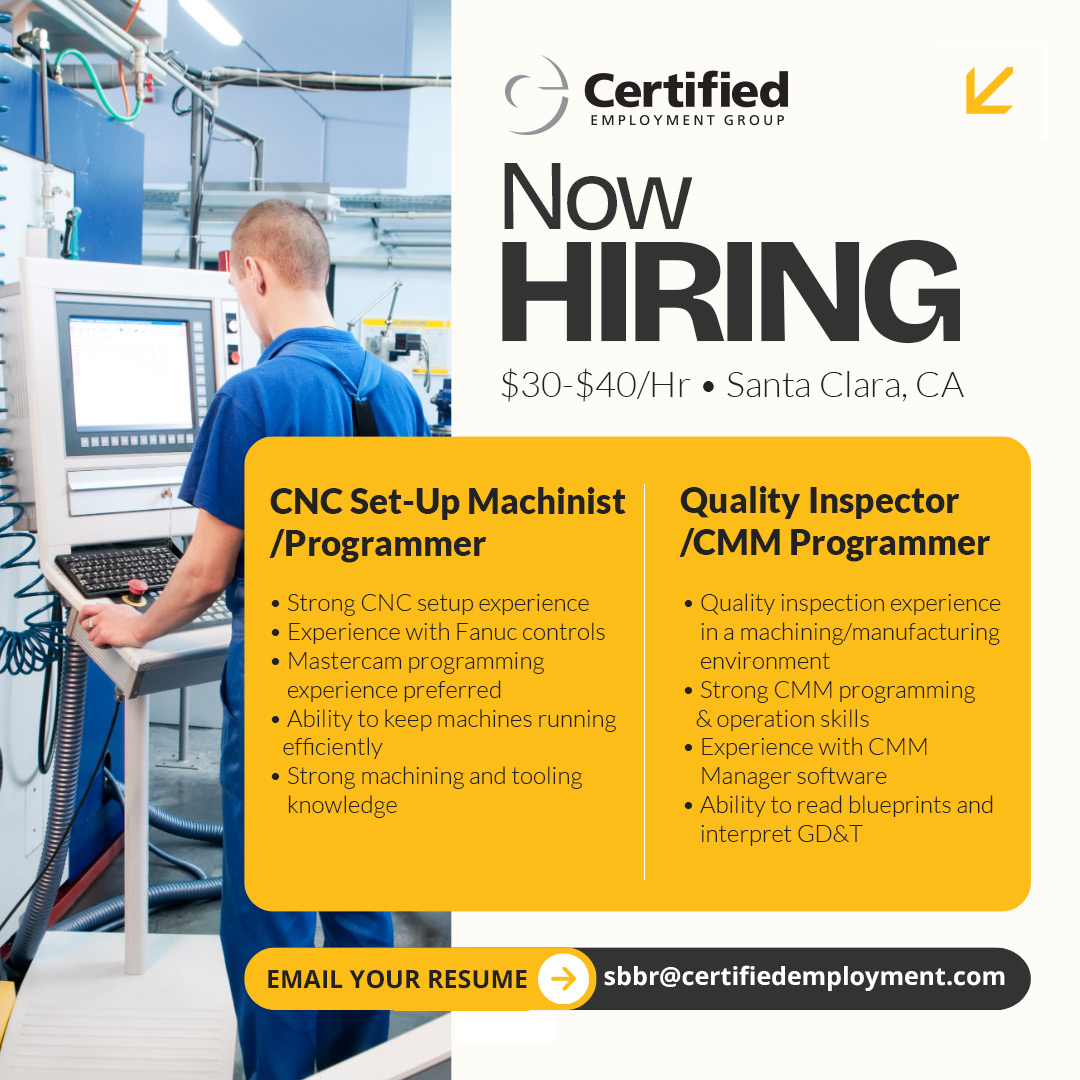 certifiedemp's tweet photo. 🚨 Now Hiring in Santa Clara, CA!  Fast-paced manufacturing opportunities available now:
✅CNC Set-Up Machinist / Programmer https://t.co/GDD8cwo5xu
✅Quality Inspector / CMM Programmer https://t.co/In8EVR8L5r 
Apply today! https://t.co/git2lyGRTs