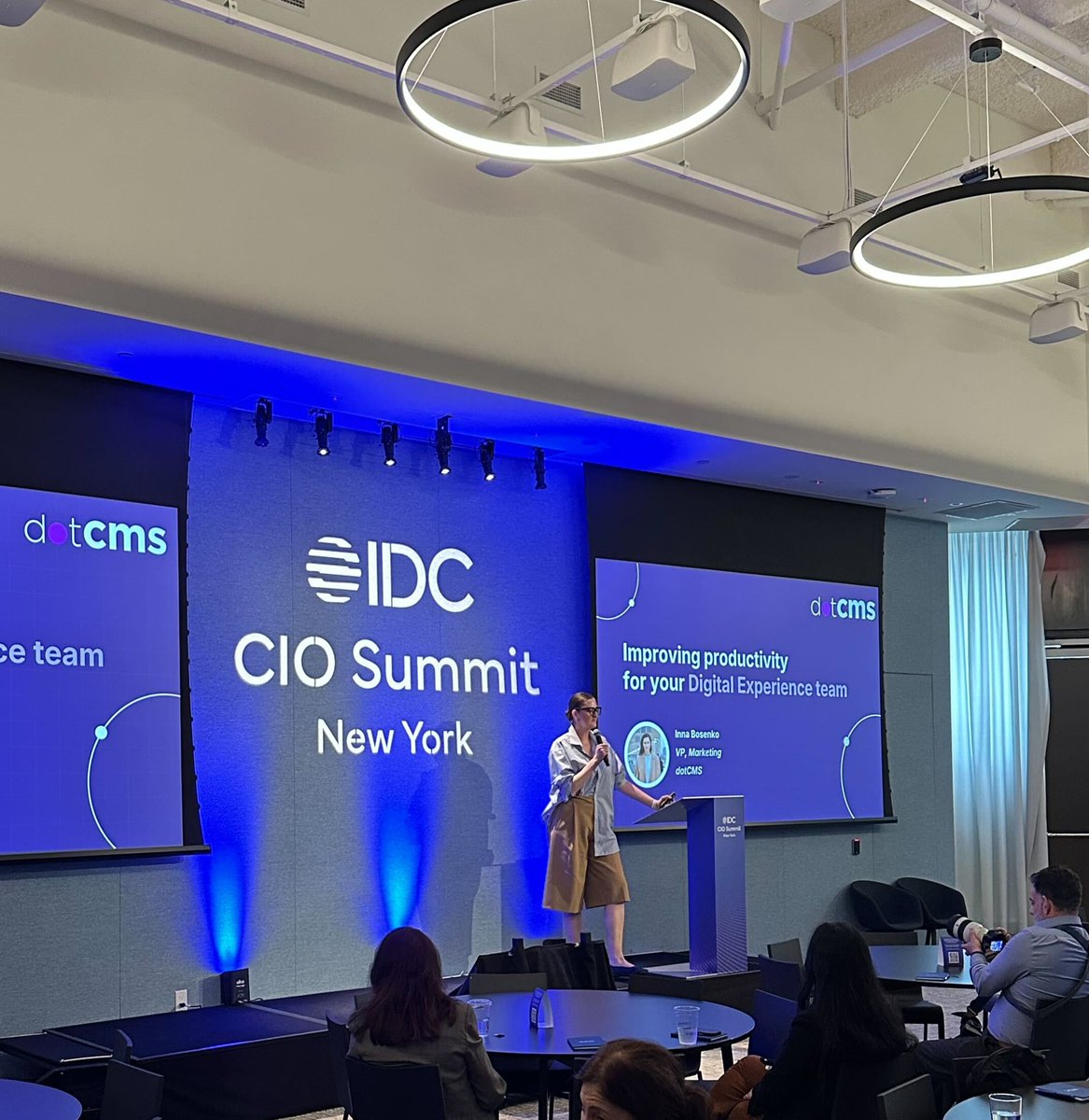 dotcms's tweet photo. Team dotCMS had a great day at the IDC CIO Summit in New York, hosted by IDC US Events. This year's theme, the Rise of Agentic Systems, set the tone for every conversation on the floor. Proud to have sponsored, and even prouder to see our VP of Marketing, Inna Bosenko, take the stage.

Inna opened with a stat IDC itself put on the table: by 2026, GenAI and automation will drive $1 trillion in global workforce productivity gains. Her question to the room - if agentic systems are the engine, which team should see those gains first?

Her answer: the Digital Experience team. The people building, managing, and marketing digital products now account for 18–25% of headcount and up to 30% of payroll in service-based industries. That makes them the single highest-leverage place for AI to land, but only if it lands in a way that doesn't dilute the brand, erode trust, or expose risk.

That's the bet we're making at dotCMS: AI-driven accessibility, brand governance, and personalization, built into a visual headless CMS that compliance-led organizations can actually trust at scale.

Thanks to IDC for a sharp, well-run event, and to every CIO who stopped by the booth!

#dotCMS #AgenticAI #HeadlessCMS #EnterpriseCMS #CIO #DigitalExperience