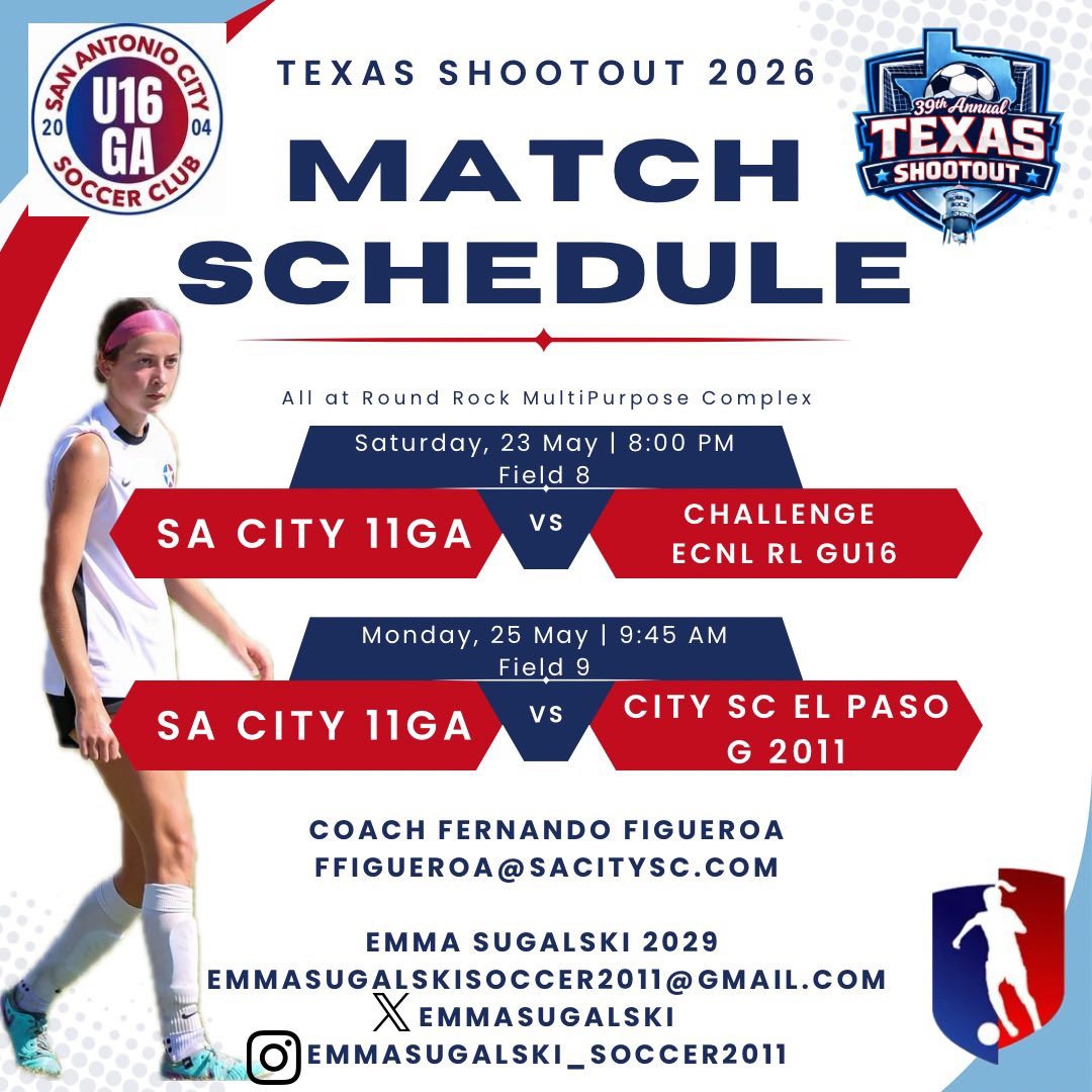 EmmaSugalski's tweet photo. So excited about this weekend’s Texas Shootout in Round Rock. Below is my schedule. Hope to see you there! 

#SACityU16GA #13 #midfielder https://t.co/DPgMgG0J96