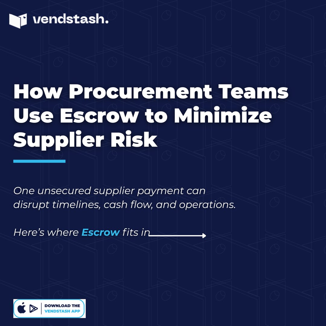 vendstash's tweet photo. Most businesses already have procurement processes in place. 

Payment protection is where things become risky.💰

In this post, we unpack how escrow can help procurement teams reduce supplier risk.

Use Vendstash ➡️ https://t.co/DWDP7TSy7T

#Vendstash #escrow #ecommerce #tech https://t.co/0qgizye32r
