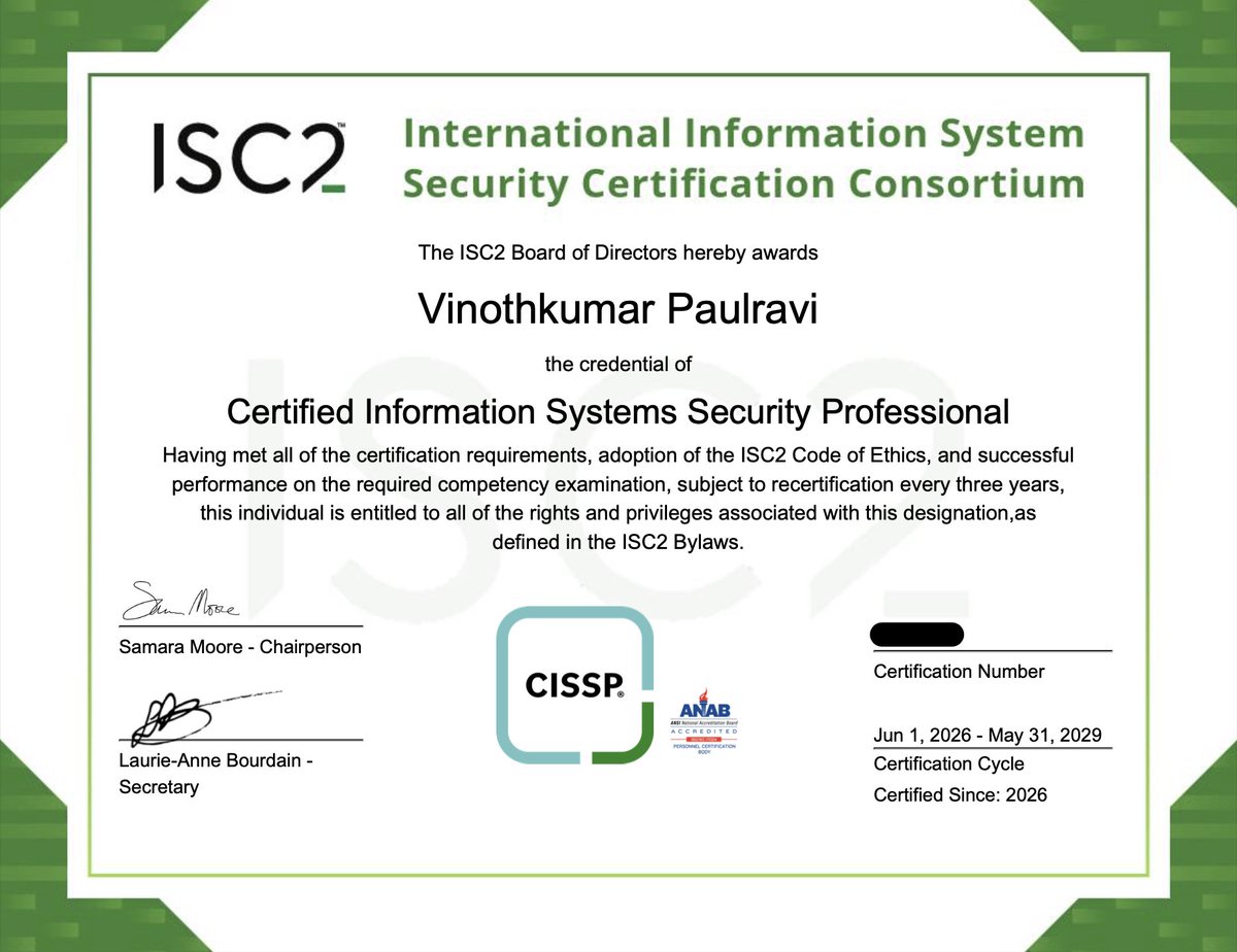 vinothpkumar's tweet photo. Excited to share that I’ve officially earned the ISC2 -CISSP certification!

Valuable learning experience across domains including SOC, Appsec, CloudSec, Risk management, Governance, Security leadership &amp; security architecture.

#CISSP #SecurityLeadership #ISC2 #Infosec https://t.co/p4YyTnqJnJ