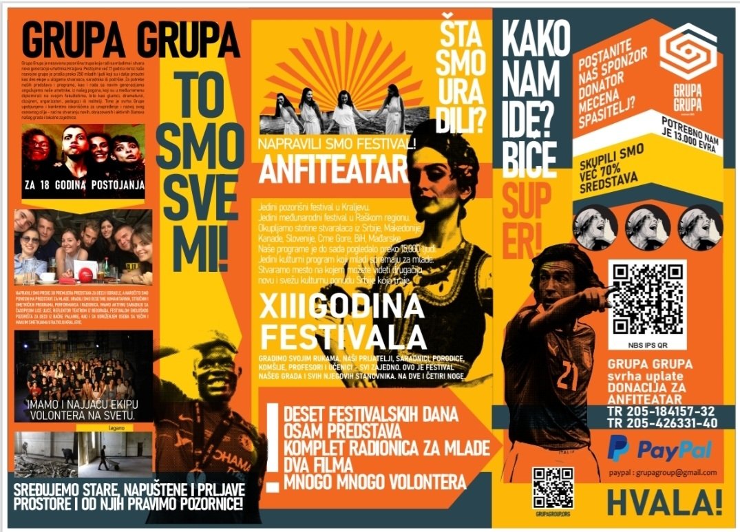 GRUPAGROUP's tweet photo. Tražimo SPONZORE za XIII međunarodni festival ANFITEATAR!
Možda možete pomoći deljenjem ove priče nekome ko će razumeti i pomoći?
Trajemo već 13 g i okupljamo desetine pozorišnih, književnih i filmskih projekata napravljenih od strane mladih stvaralaca. https://t.co/rMdOlAzHQR https://t.co/JZ1ufxHCOA