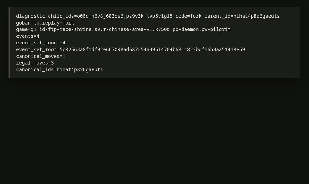 123molang's tweet photo. I made GobanFTP. 
 
A Go game where moves are filenames, and replay reads directory listings instead of file 
contents. 
 
Not a normal game server. Not a security product. A weird protocol experiment around hostile 
enumerable storage. 
 
https://t.co/J36sQyHmnh https://t.co/pBqEndkeyY