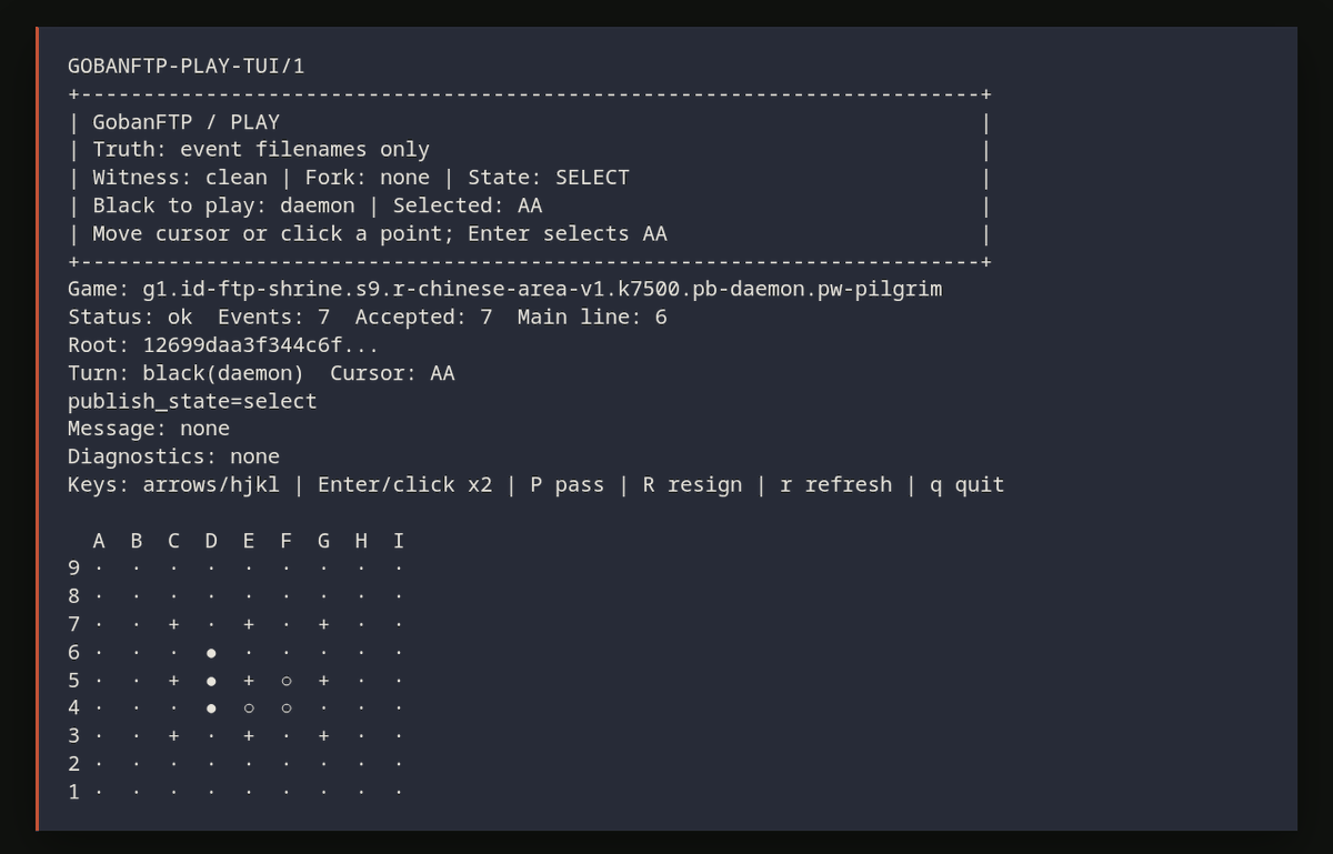 123molang's tweet photo. I made GobanFTP. 
 
A Go game where moves are filenames, and replay reads directory listings instead of file 
contents. 
 
Not a normal game server. Not a security product. A weird protocol experiment around hostile 
enumerable storage. 
 
https://t.co/J36sQyHmnh https://t.co/pBqEndkeyY