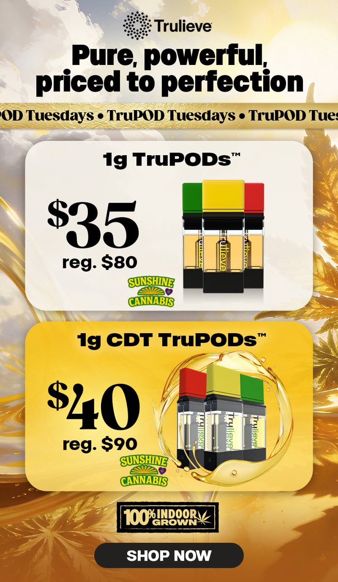 SunshineCannab2's tweet photo. Get in on our #SunshineCannabis TruPODs and Pre-rolls vibes on this wonderful #TerpyTuesday 🔥🍯 ☀️Available now #SunshineFam at your local @Trulieve  dispensary near you 💚🏆🙌🏻

#SunshineStateOfMind #Trulieve #WeShallOvergrow  #OneLove https://t.co/ZG8vnjy6FA