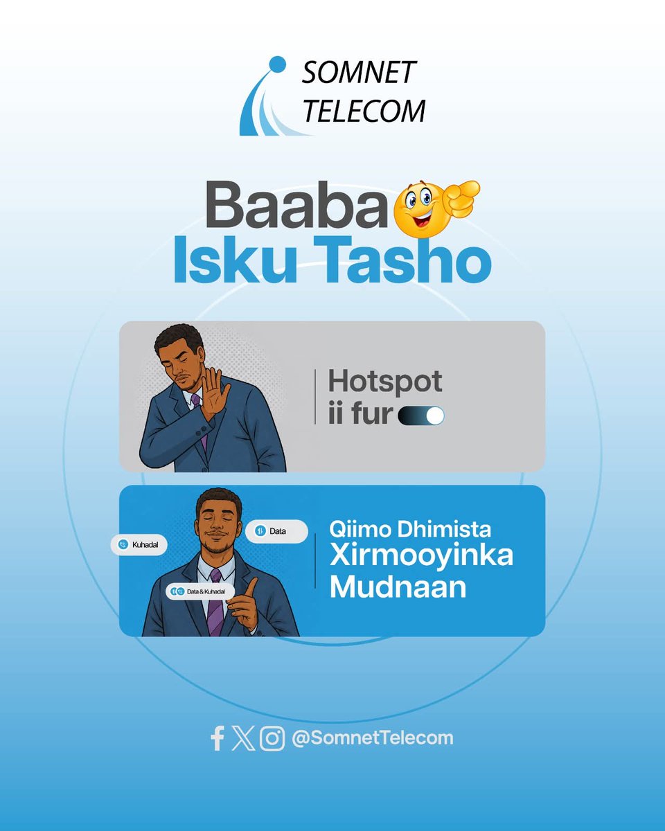 somnettelecom's tweet photo. Waxyar Hotspot-ka ii fur kaga maaran qiimo dhimista xirmooyinka Adeegga Mudnaan.

Hadda kaga shubo *870#

#Mudnaan #Somnet #Isgaarsiintajiilkacusub #SomnetTelecom https://t.co/u7aEh1keSI